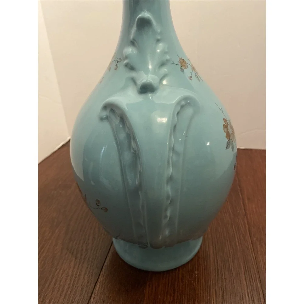 Vintage Art StudioPottery Vase Floral Hand Painted Dogwood Victorian‎ Style Teal